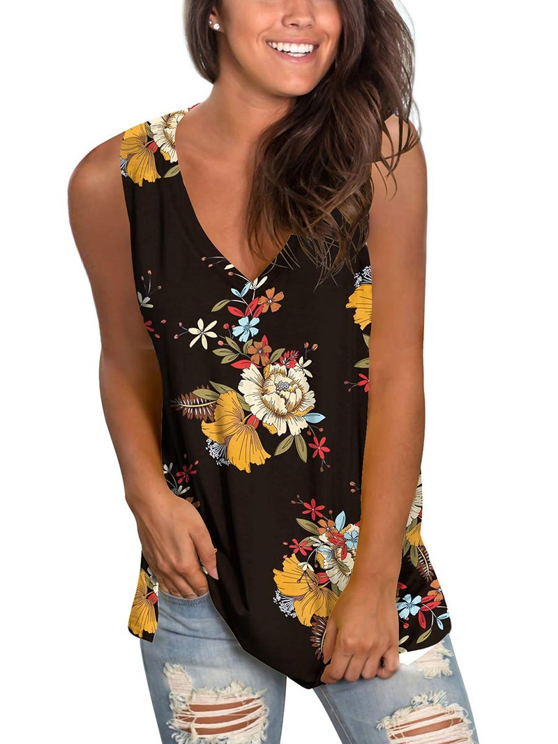 SAMPEEL Womens Plus Size Tank Tops Side Split Cami Vest Sexy V Neck Print Blouse Black XXL - Image 2